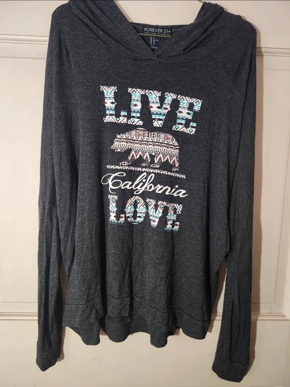 Forever 21 Charcoal Hooded Graphic Pullover with Multicolor Print